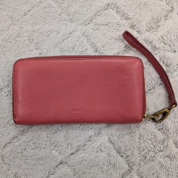 Fossil Wallet Womens Pink Logan Zip Around Clutch Pebble Leather - Picture 1 of 5